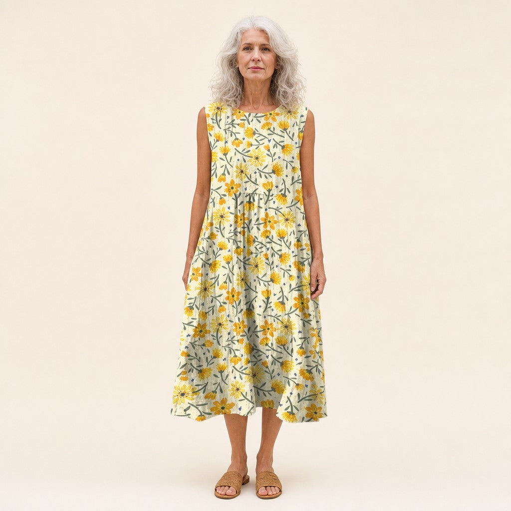 Winifred | Yellow Ditsy Floral Sleeveless Midi Dress