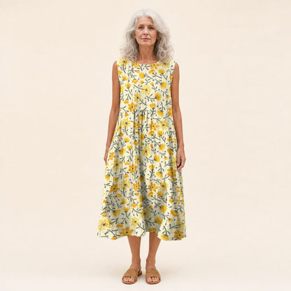 Winifred | Yellow Ditsy Floral Sleeveless Midi Dress