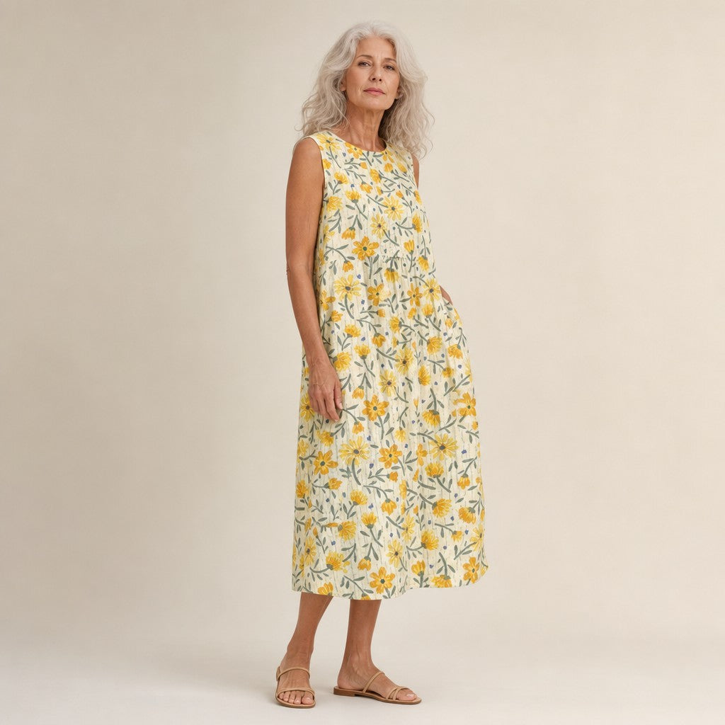 Winifred | Yellow Ditsy Floral Sleeveless Midi Dress