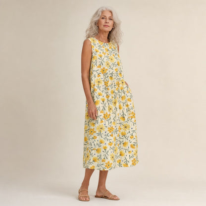 Winifred | Yellow Ditsy Floral Sleeveless Midi Dress