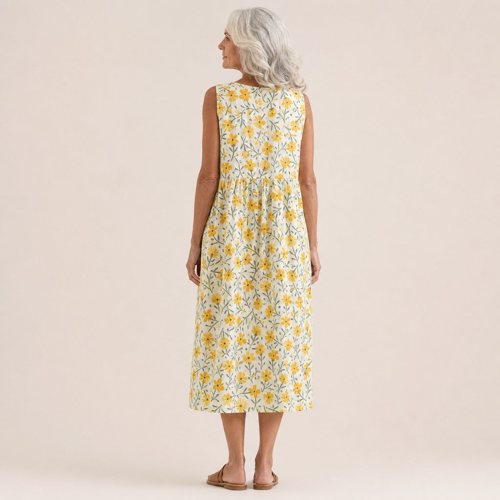 Winifred | Yellow Ditsy Floral Sleeveless Midi Dress