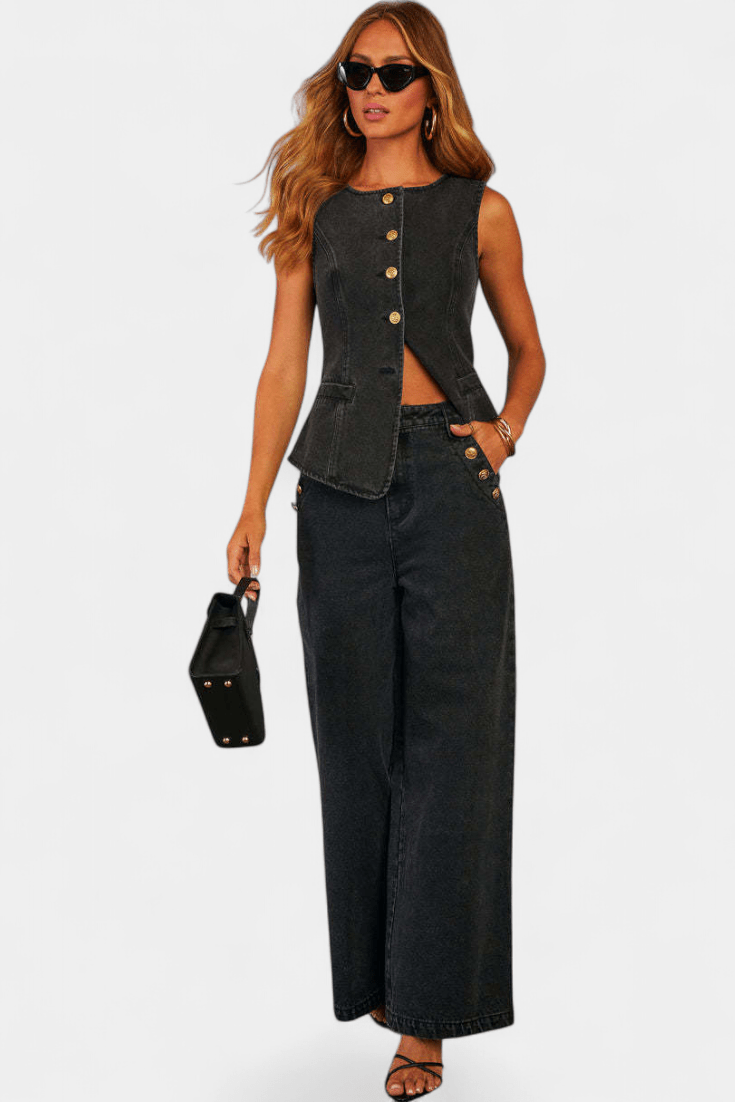 Emma | Denim Waistcoat & Wide-Leg Jeans Set