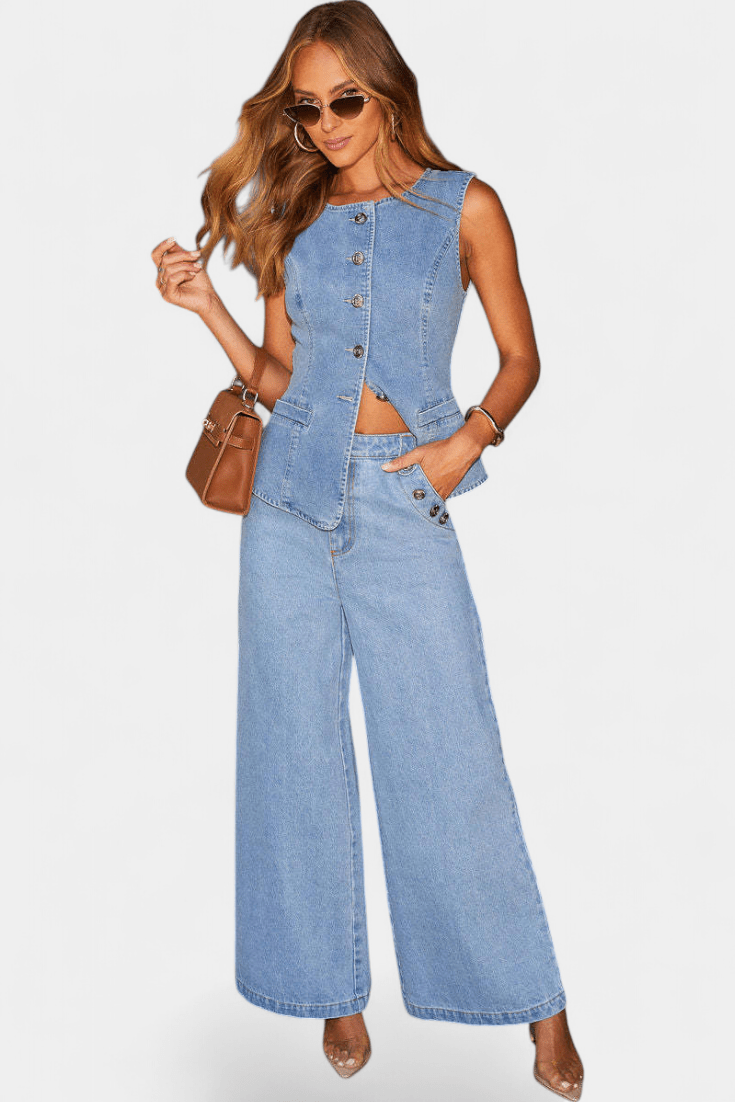 Emma | Denim Waistcoat & Wide-Leg Jeans Set