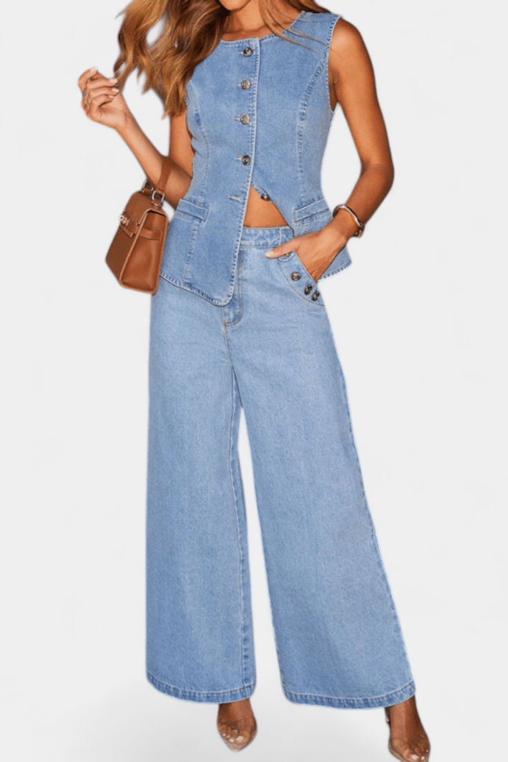 Emma | Denim Waistcoat & Wide-Leg Jeans Set