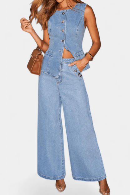 Emma | Denim Waistcoat & Wide-Leg Jeans Set