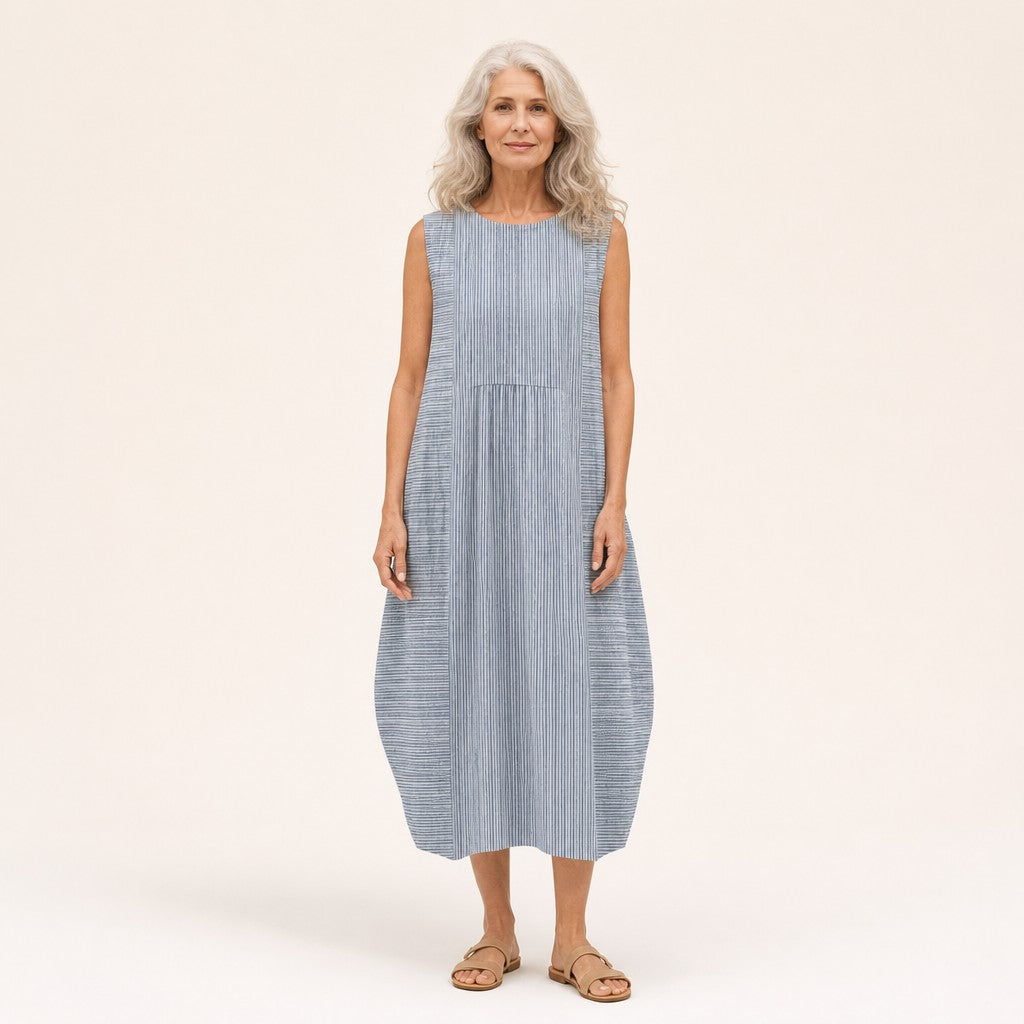 Ursula | Grey Fine Stripe Sleeveless Midi Dress