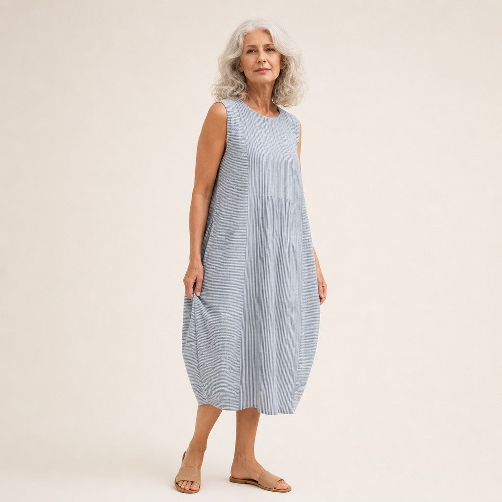 Ursula | Grey Fine Stripe Sleeveless Midi Dress