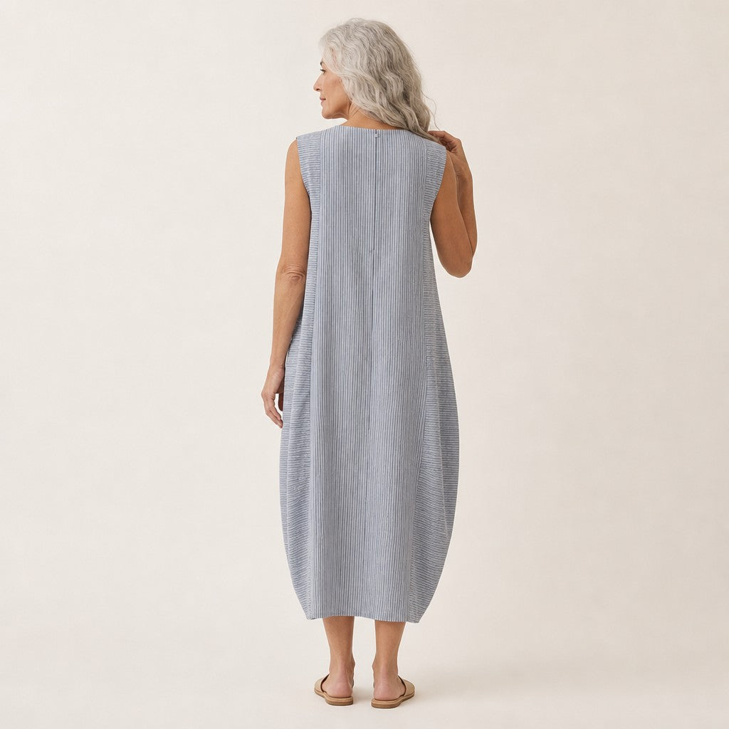 Ursula | Grey Fine Stripe Sleeveless Midi Dress