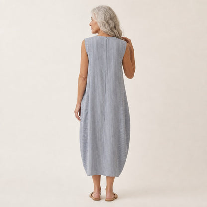 Ursula | Grey Fine Stripe Sleeveless Midi Dress