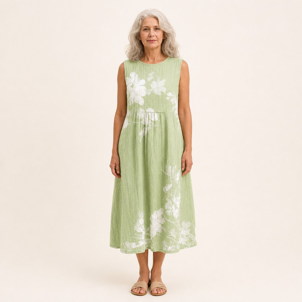 Ada | Green Floral Branch Sleeveless Midi Dress
