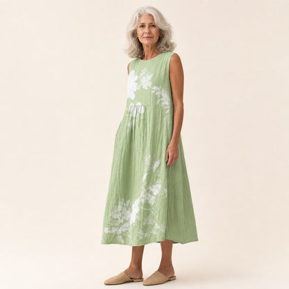 Ada | Green Floral Branch Sleeveless Midi Dress