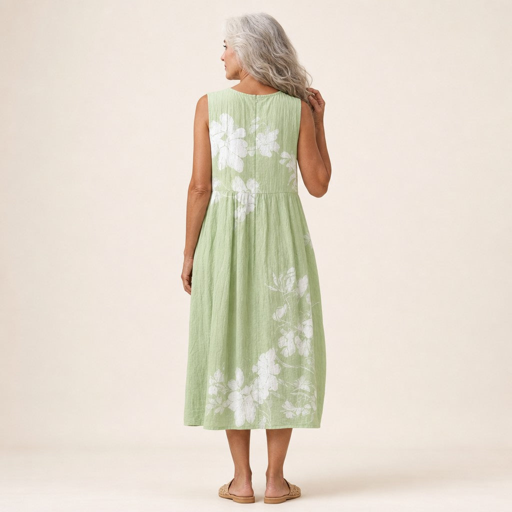 Ada | Green Floral Branch Sleeveless Midi Dress