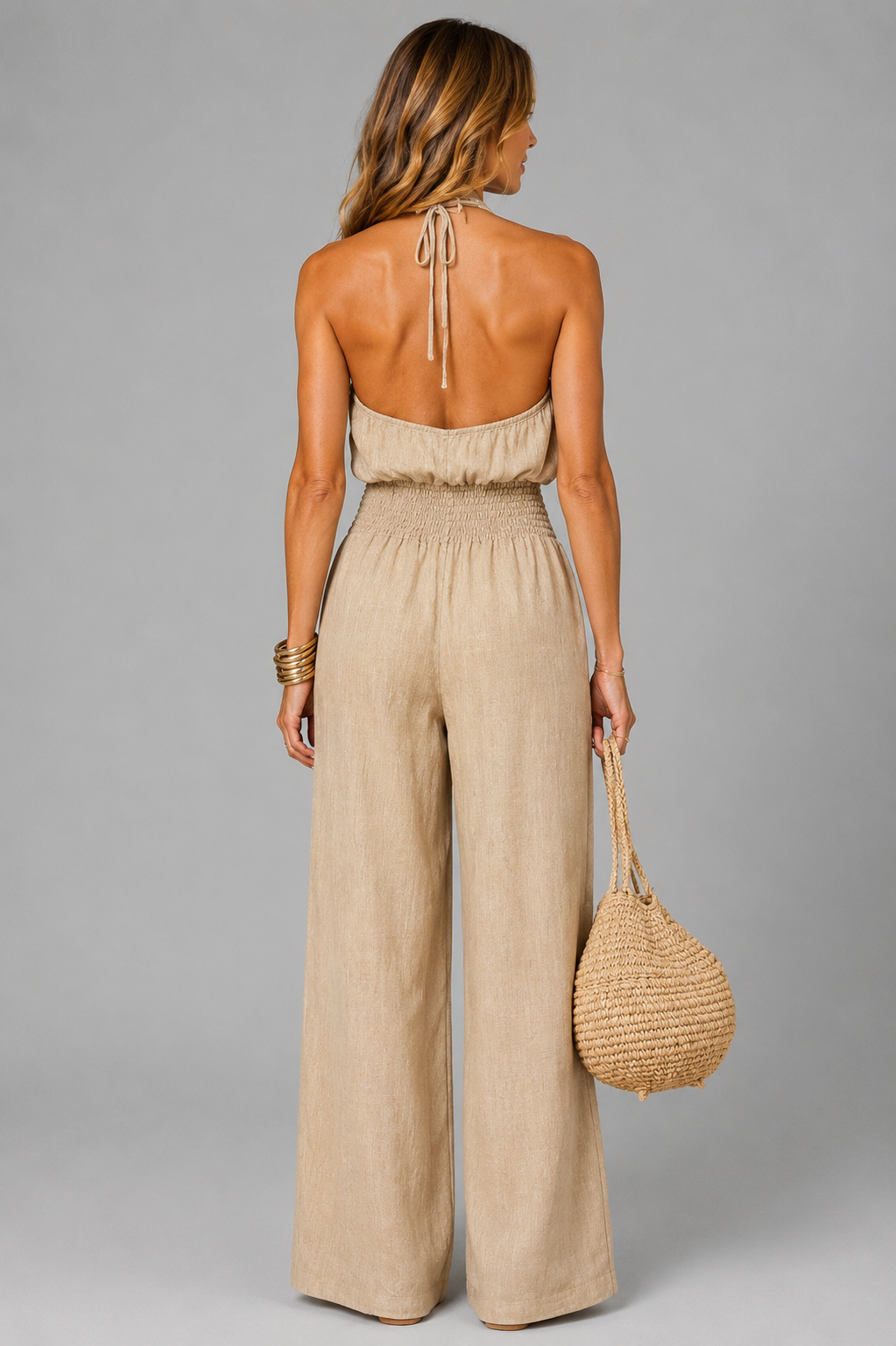 Katrina | Sand Halterneck Wide-Leg Jumpsuit
