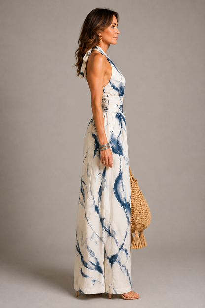 Bronwen | Blue Batik Print Halterneck Jumpsuit
