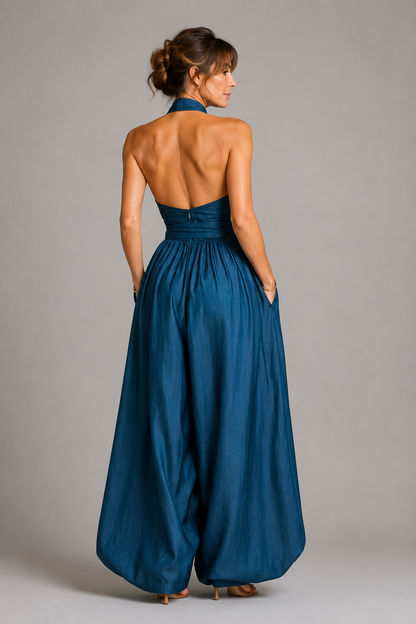 Petra | Denim Blue Halterneck Jumpsuit