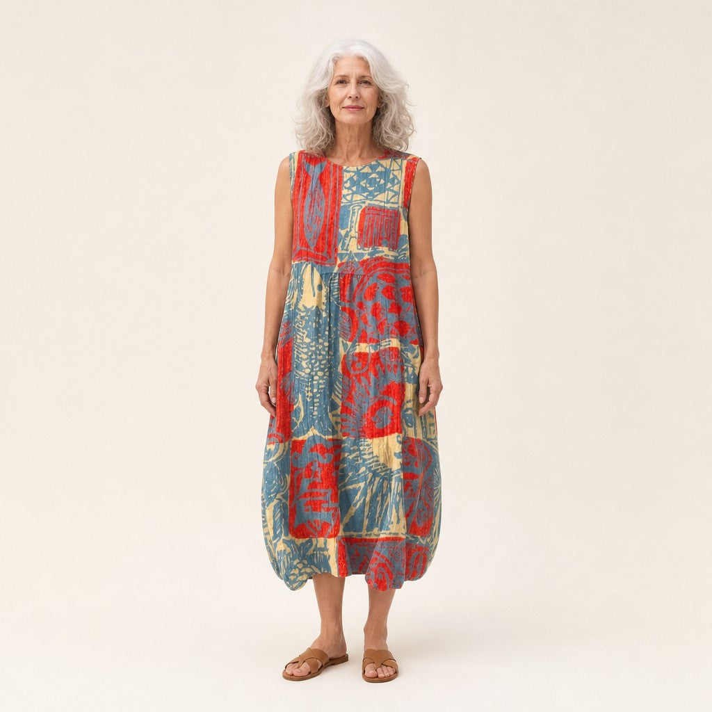 Freda | Red & Blue Collage Print Sleeveless Midi Dress
