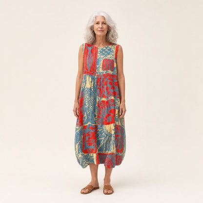 Freda | Red & Blue Collage Print Sleeveless Midi Dress