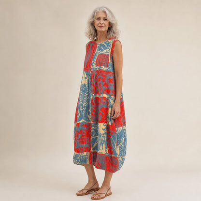 Freda | Red & Blue Collage Print Sleeveless Midi Dress