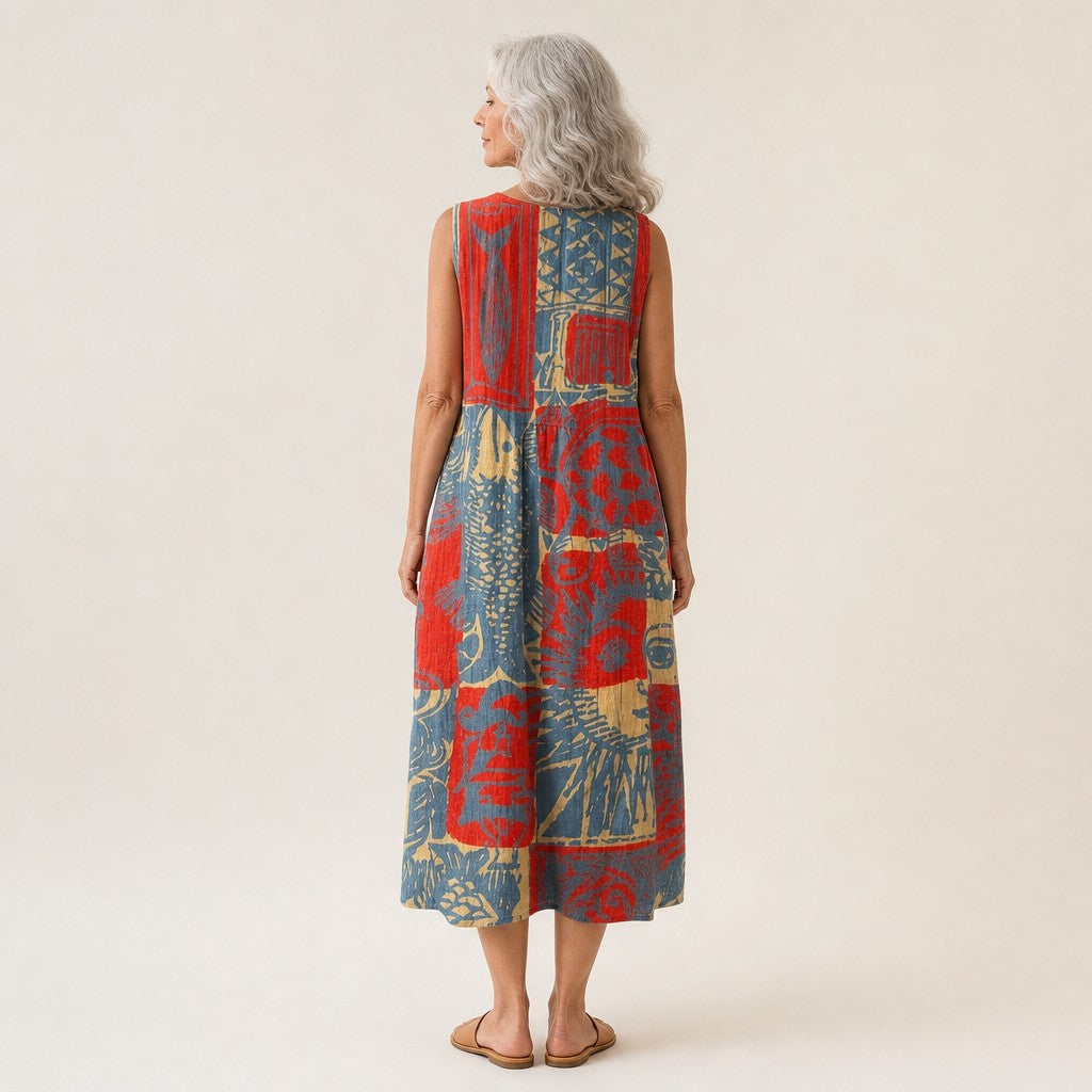 Freda | Red & Blue Collage Print Sleeveless Midi Dress