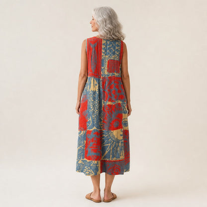Freda | Red & Blue Collage Print Sleeveless Midi Dress