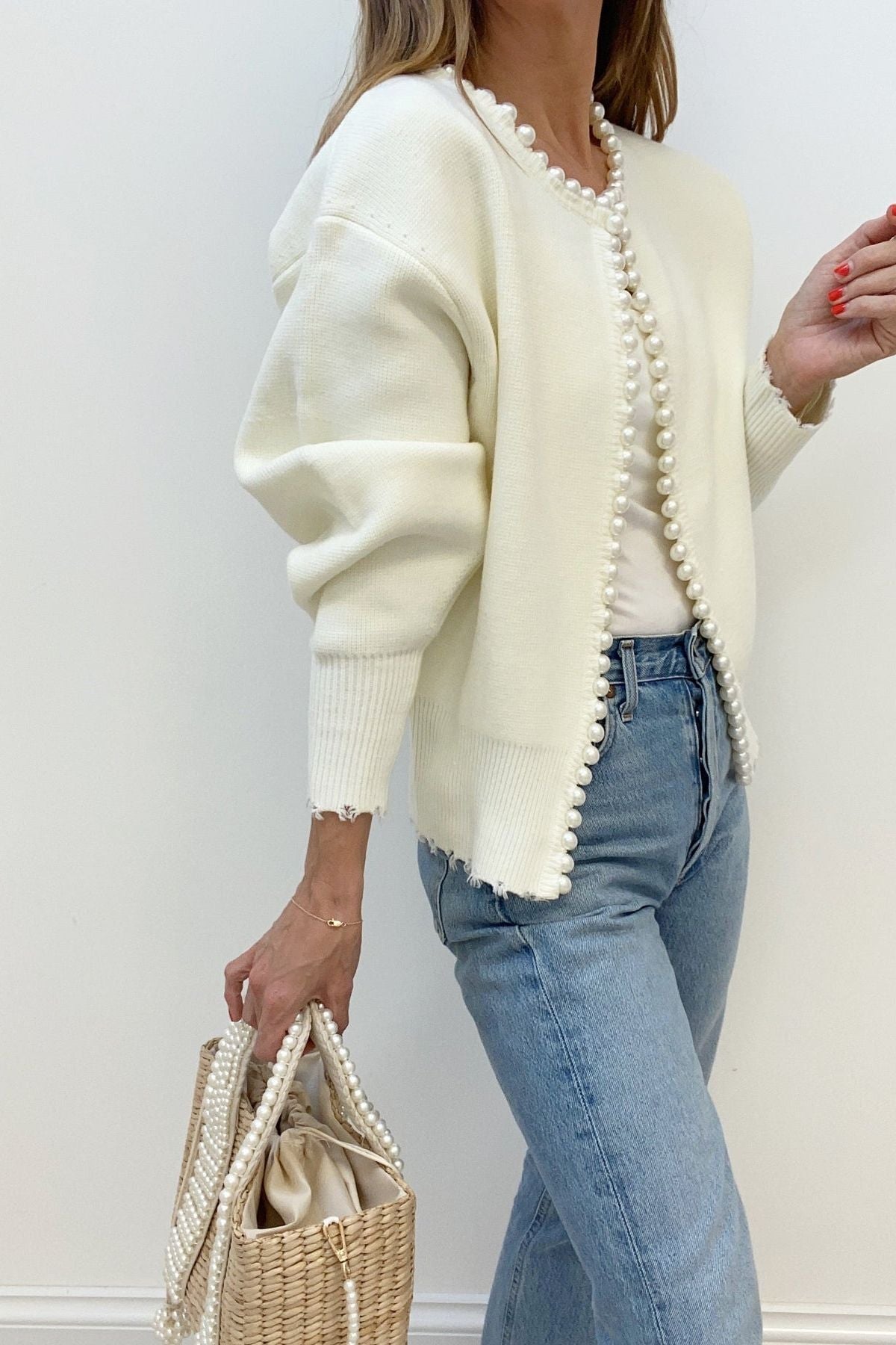Farah | Ivory Pearl-Trim Cardigan