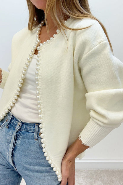 Farah | Ivory Pearl-Trim Cardigan