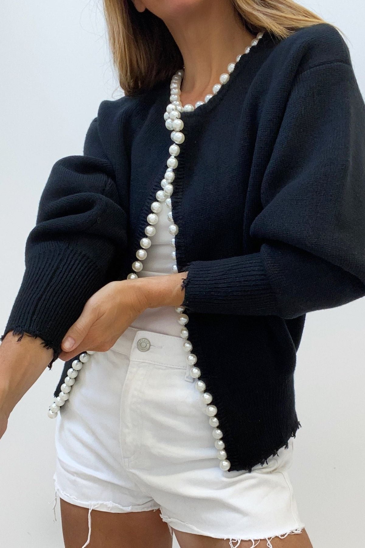Farah | Ivory Pearl-Trim Cardigan