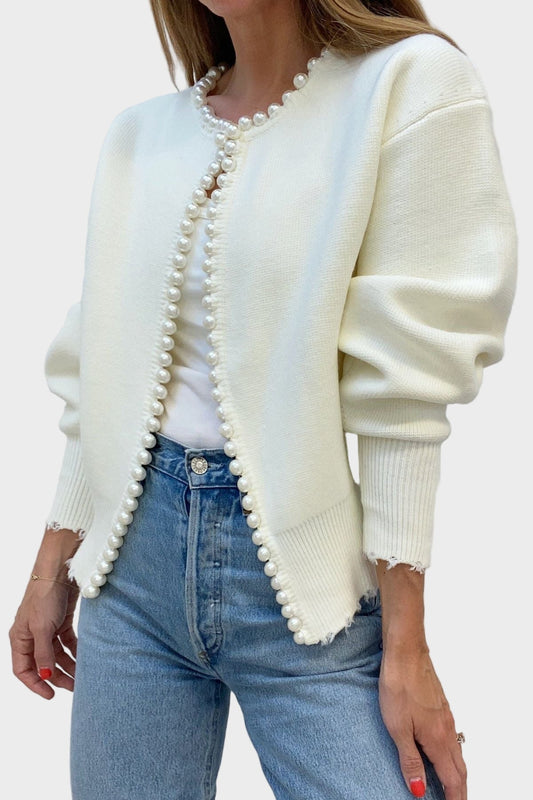Farah | Ivory Pearl-Trim Cardigan