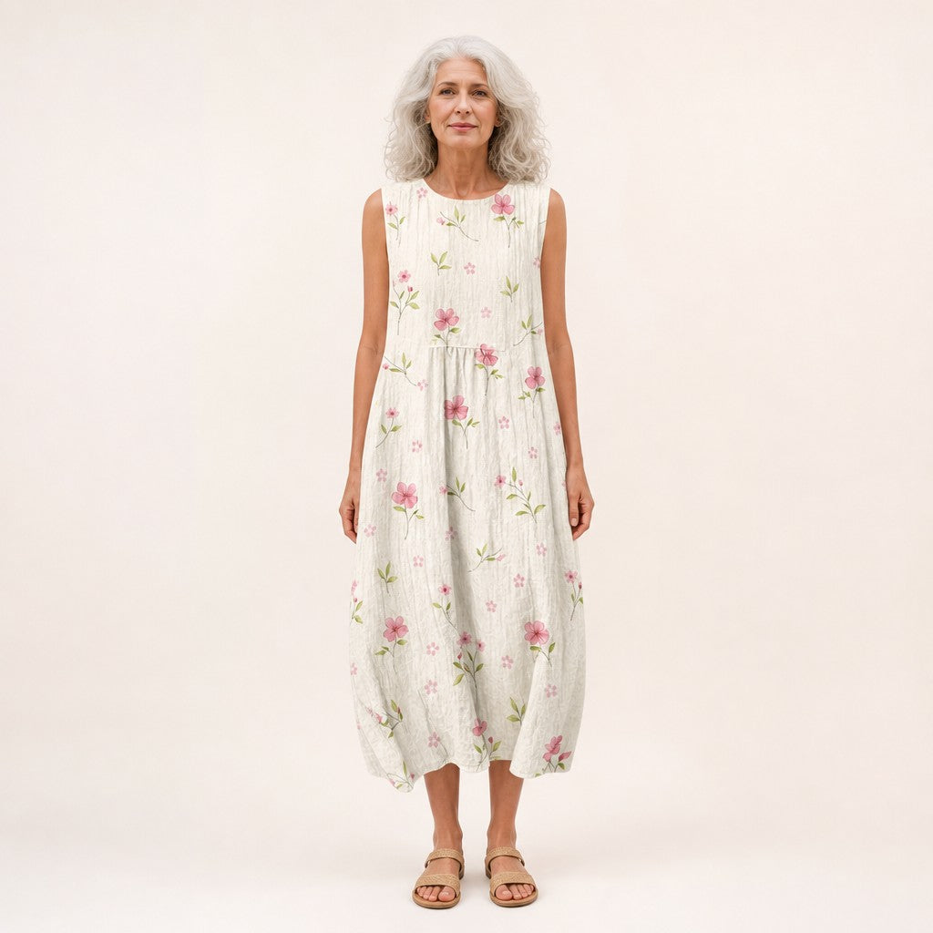 Judith | Ivory Ditsy Floral Sleeveless Midi Dress