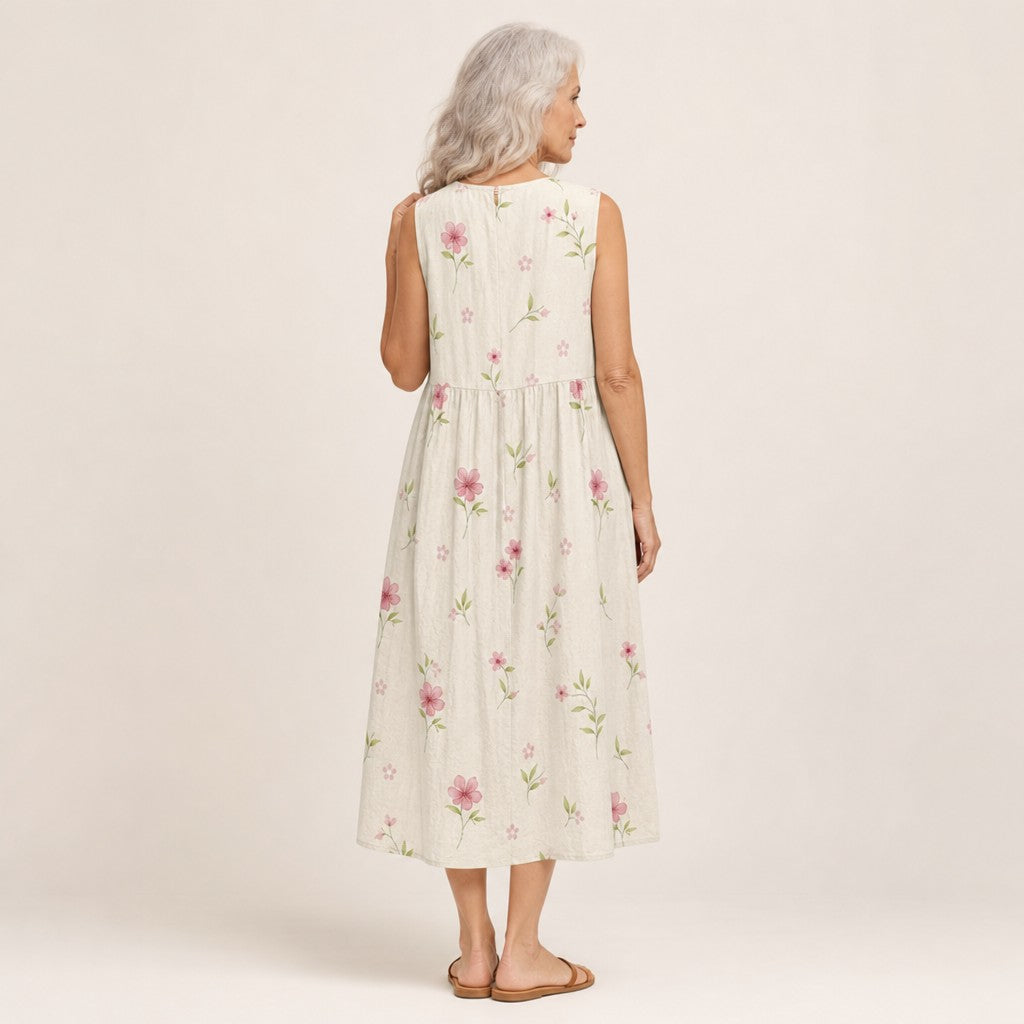 Judith | Ivory Ditsy Floral Sleeveless Midi Dress