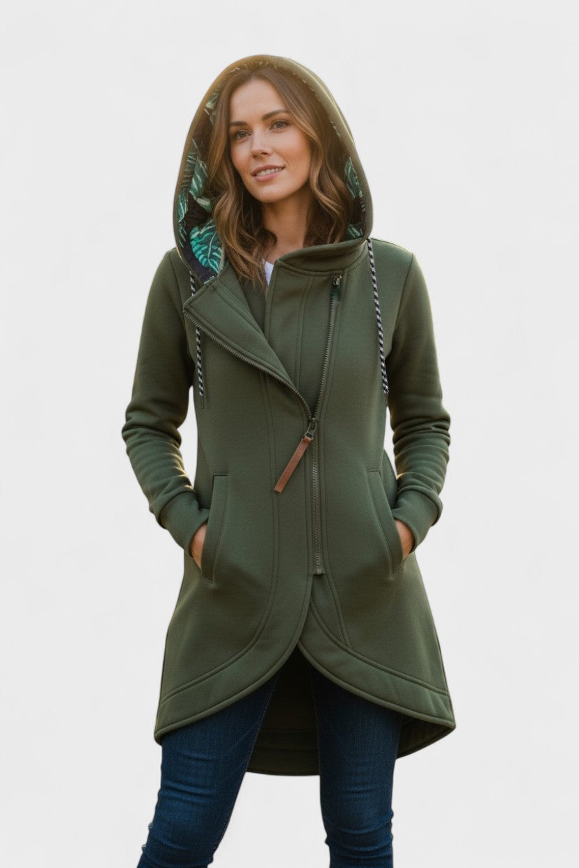 Pippa | Olive Zip-Front Hooded Jacket