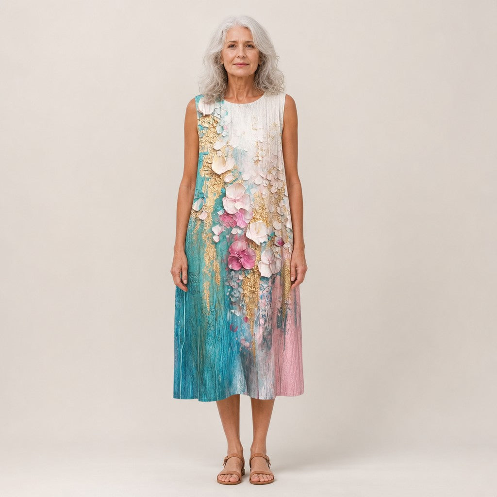 Thelma | Teal Painted Floral Sleeveless Midi Dress