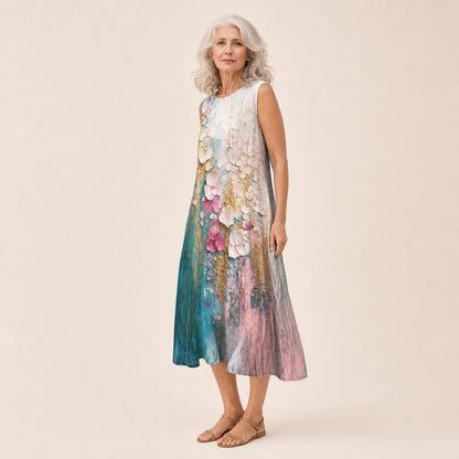 Thelma | Teal Painted Floral Sleeveless Midi Dress