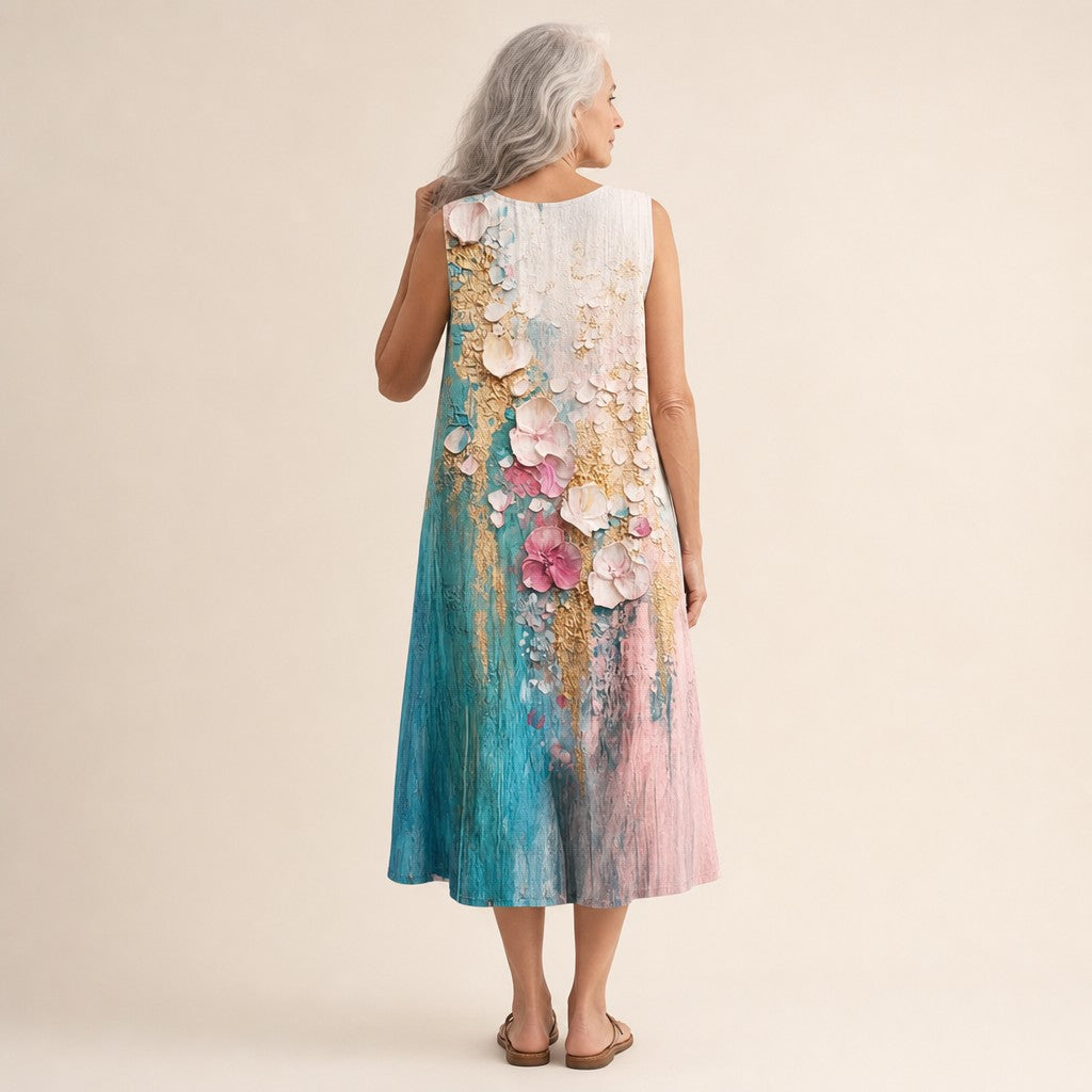 Thelma | Teal Painted Floral Sleeveless Midi Dress