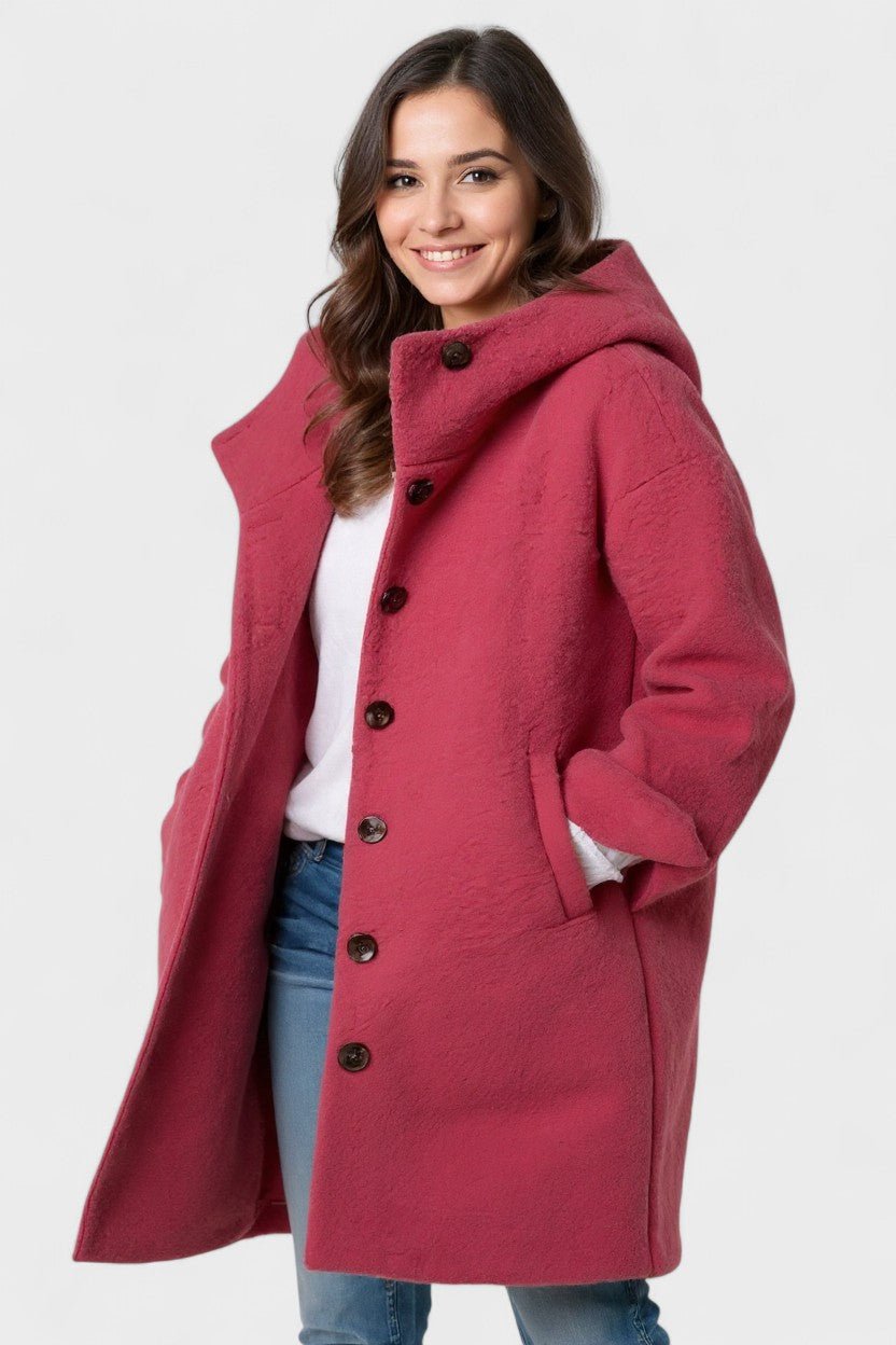 Freya | Raspberry Hooded Mid-Length Coat