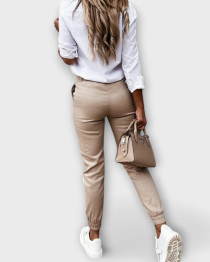 Freya | Beige Stretch Slim Trousers