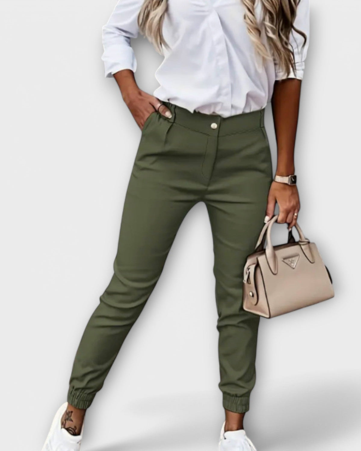 Freya | Beige Stretch Slim Trousers