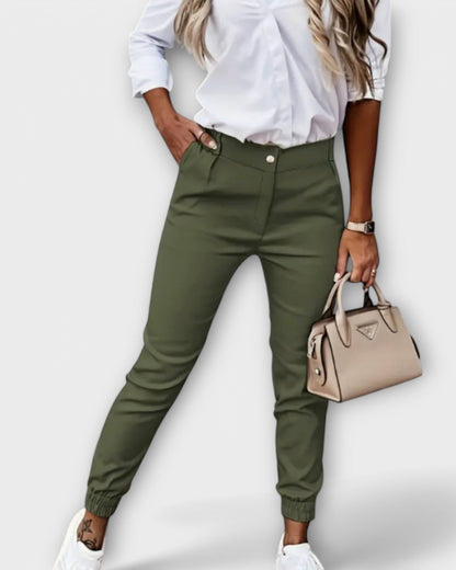 Freya | Beige Stretch Slim Trousers
