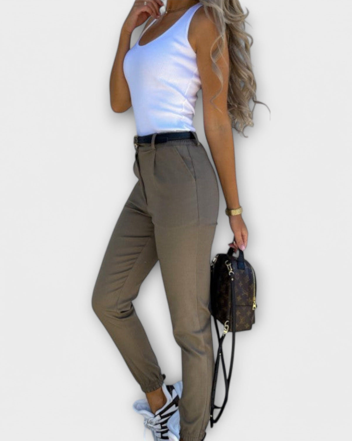 Freya | Beige Stretch Slim Trousers