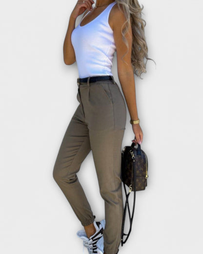 Freya | Beige Stretch Slim Trousers