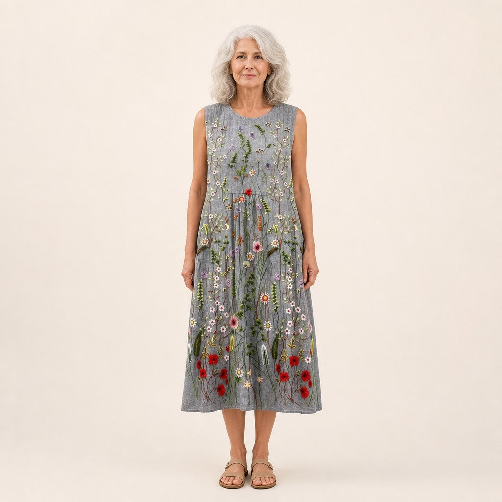 Hermione | Grey Meadow Floral Sleeveless Midi Dress