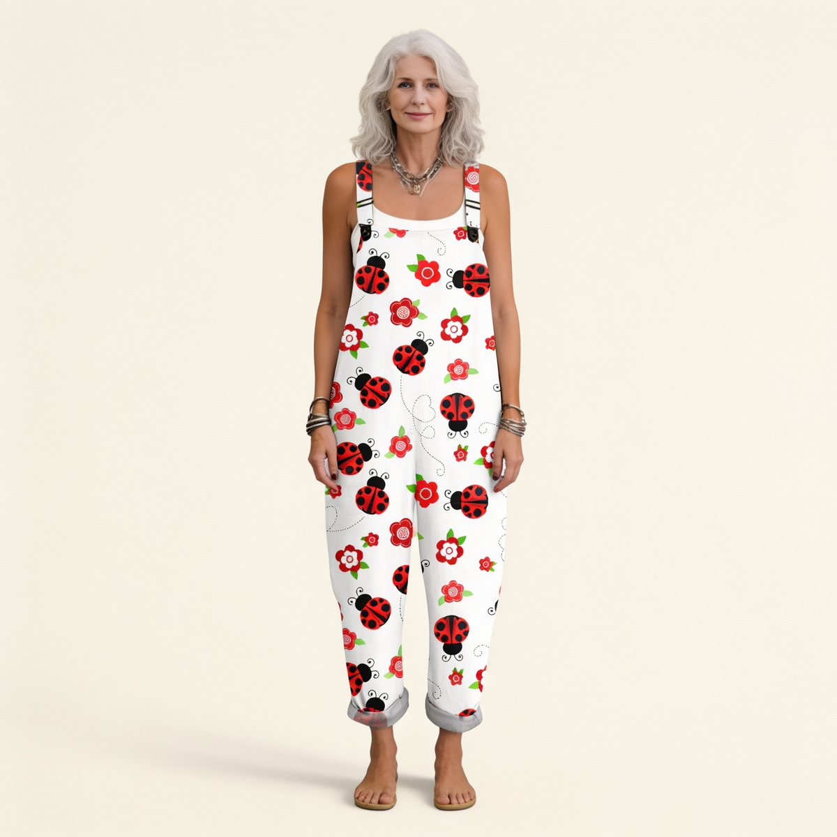 Kate | Ivory Ladybird Dungarees