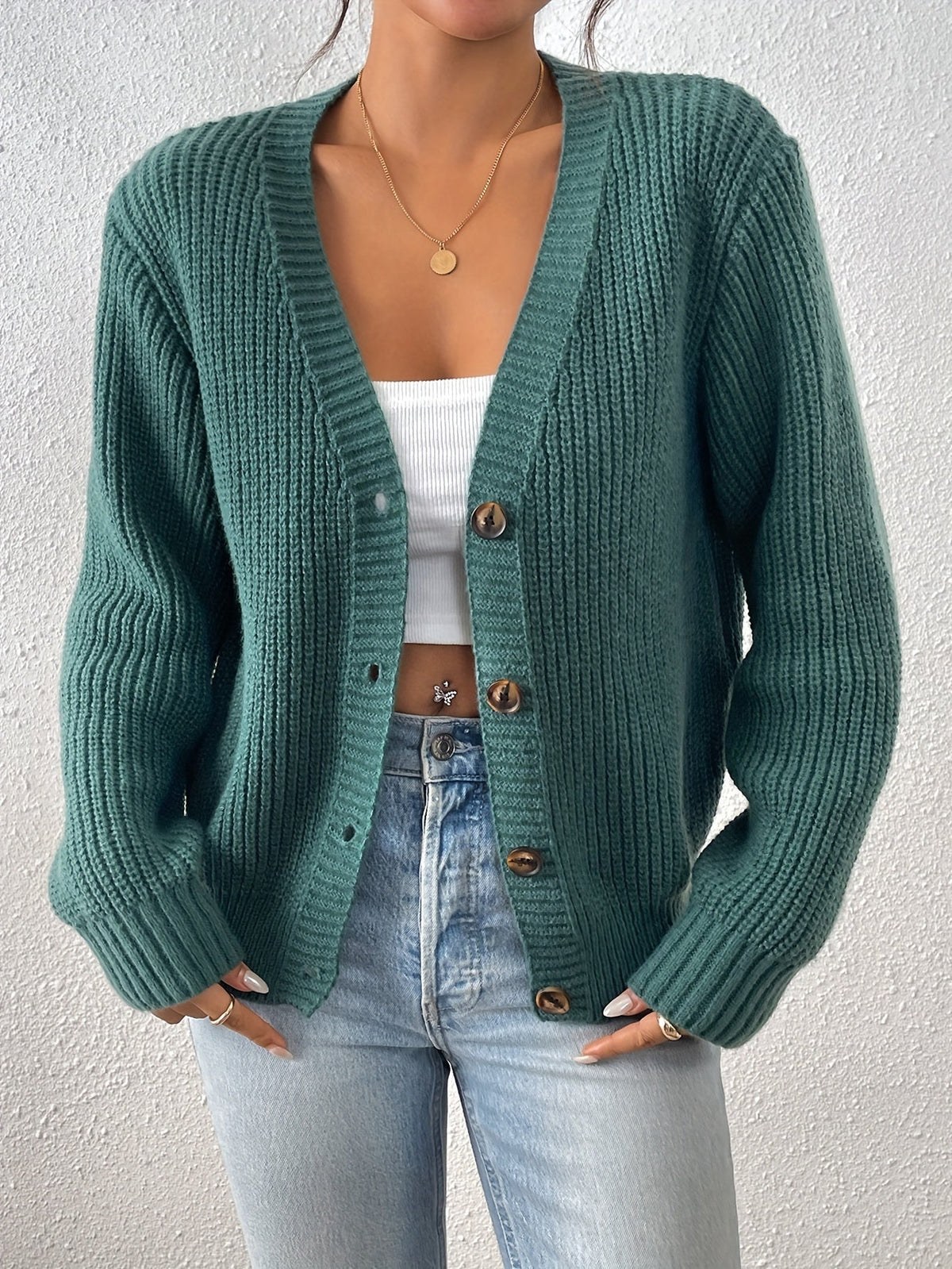 Georgie | Beige Ribbed V-Neck Cardigan