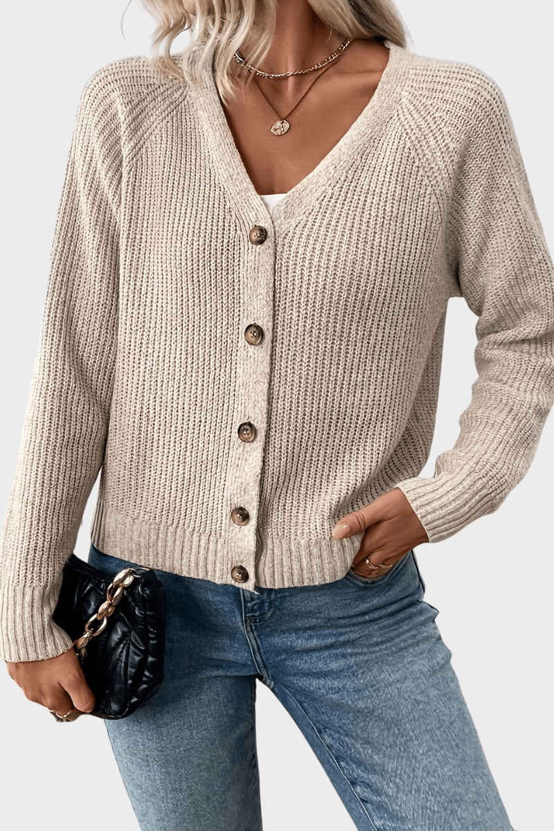 Georgie | Beige Ribbed V-Neck Cardigan