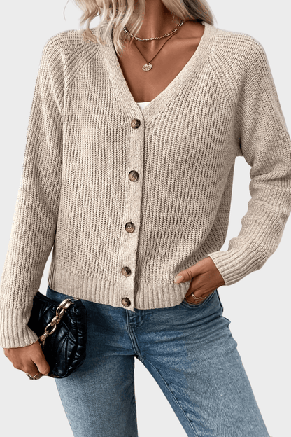 Georgie | Beige Ribbed V-Neck Cardigan
