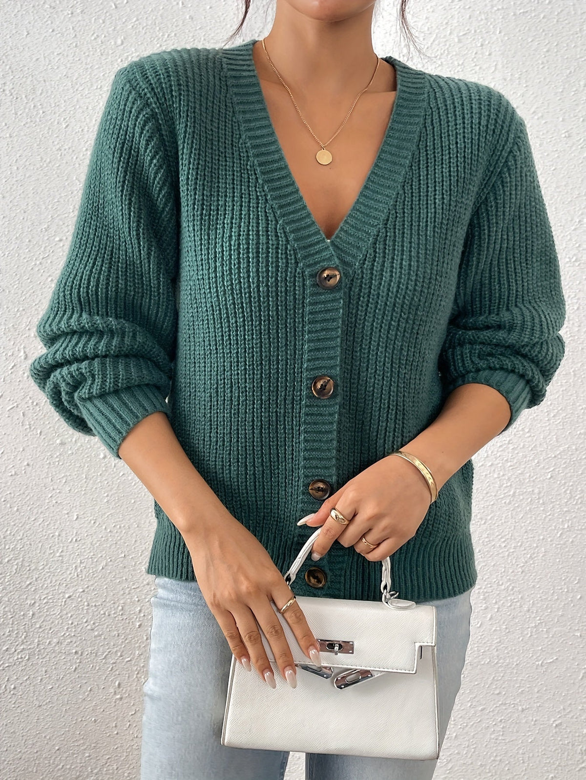 Georgie | Beige Ribbed V-Neck Cardigan
