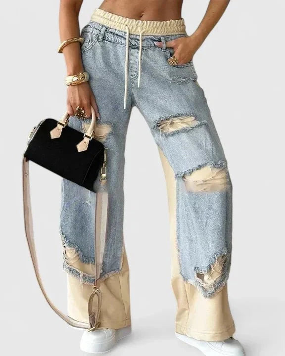 Glenys | Patchwork Distressed Wide-Leg Jeans
