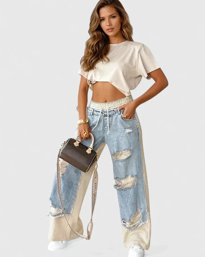 Glenys | Patchwork Distressed Wide-Leg Jeans