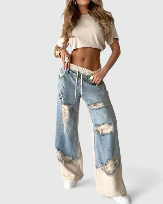 Glenys | Patchwork Distressed Wide-Leg Jeans