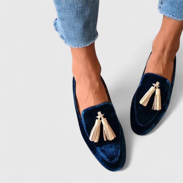 Harriet | Navy Velvet-Look Tassel Loafers